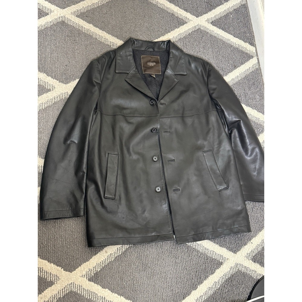 Coach Mens Leather Trucker Jacket Size Large Black Thick Lined
